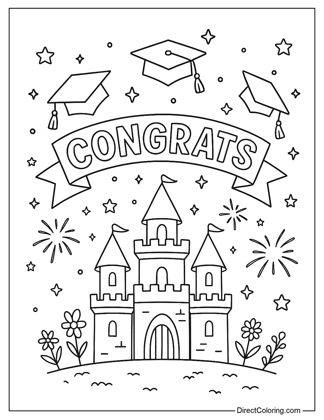 a fairytale castle coloring page with graduation flags, graduation caps flying against a starry sky